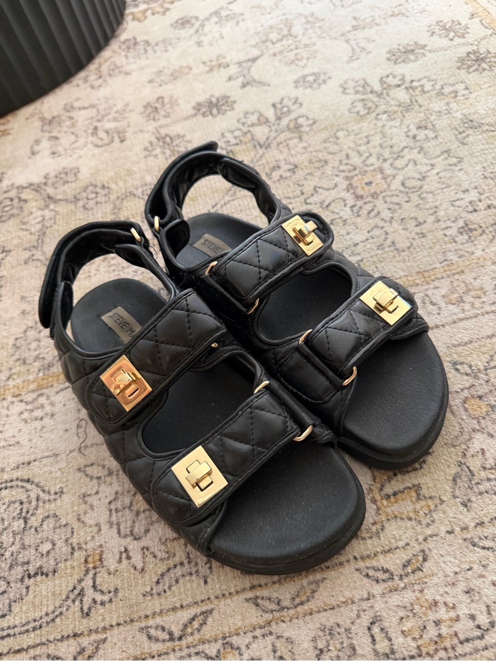 Steve Madden Black Quilted Sandals with Gold Buckles